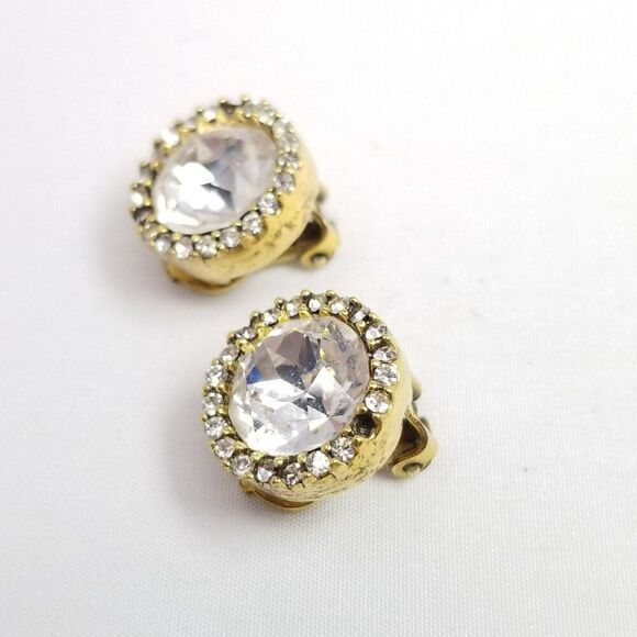 Vintage Zentall Round Rhinestone Clip On Earrings, Gold Tone Halo Signed - Picture 3 of 8
